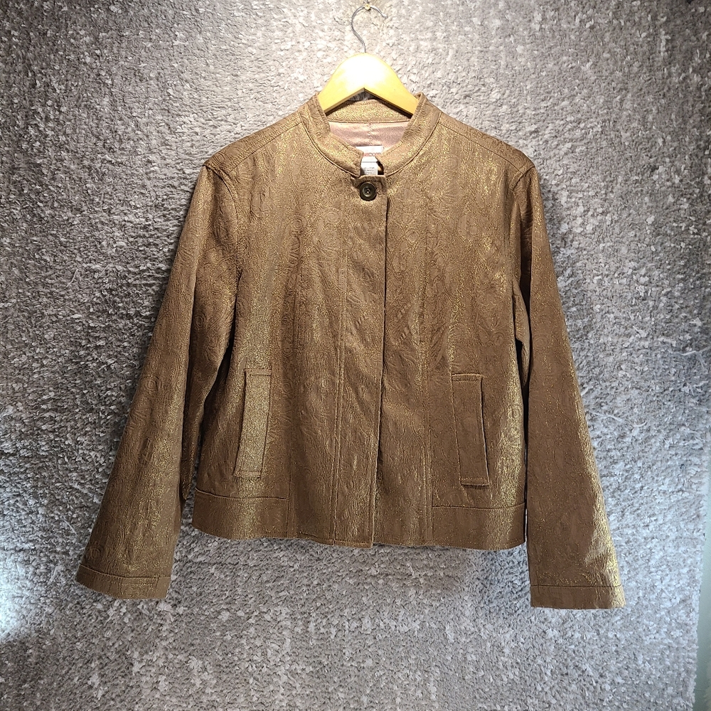 Chicos Women’s Blazer Jacket Size 1, Medium Brown Metallic Cotton Lined